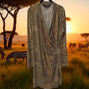 Norma Kamali Leopard Animal Print Side Ruched Midi Dress Jersey Comfort XXL